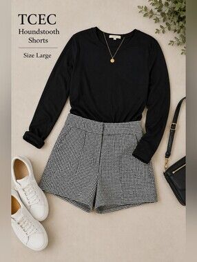 TCEC Houndstooth Shorts Black & White High Rise Tailored Size Large